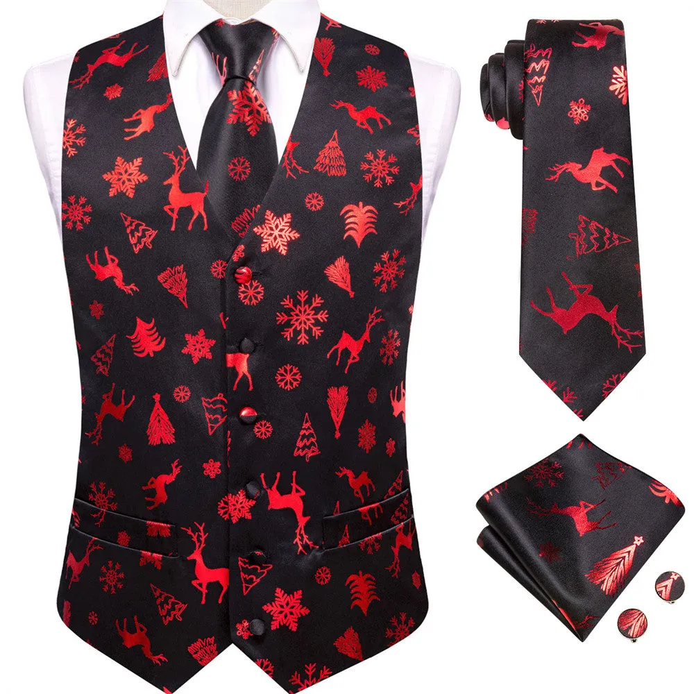 Ties2you Mens Silk Waistcoat Black Red Christmas Elements Vest Necktie Set