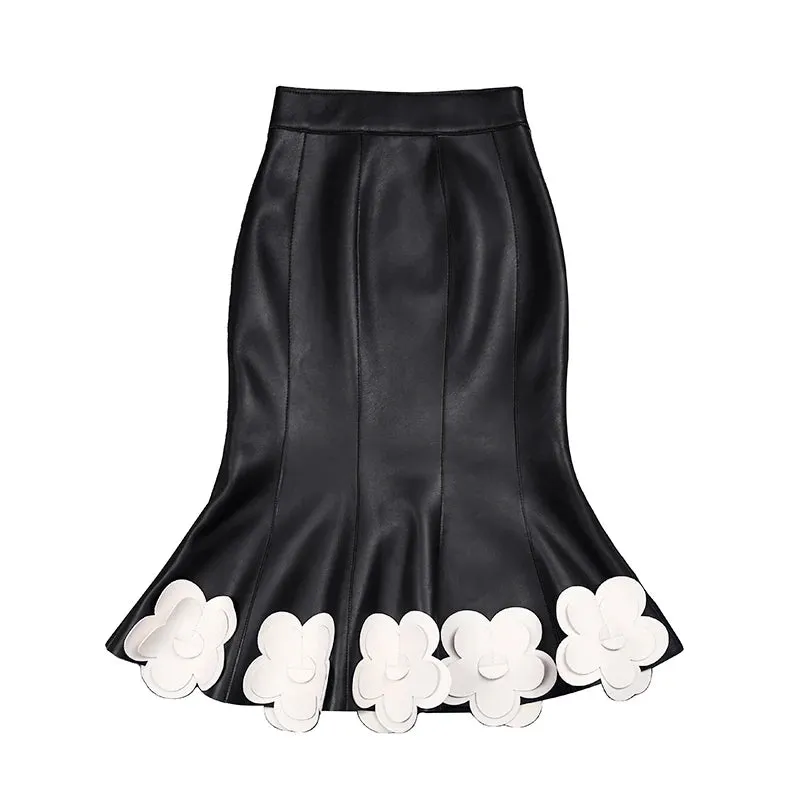 Trend4us Women's Elegant Leather 3D Flower Applique Skirt