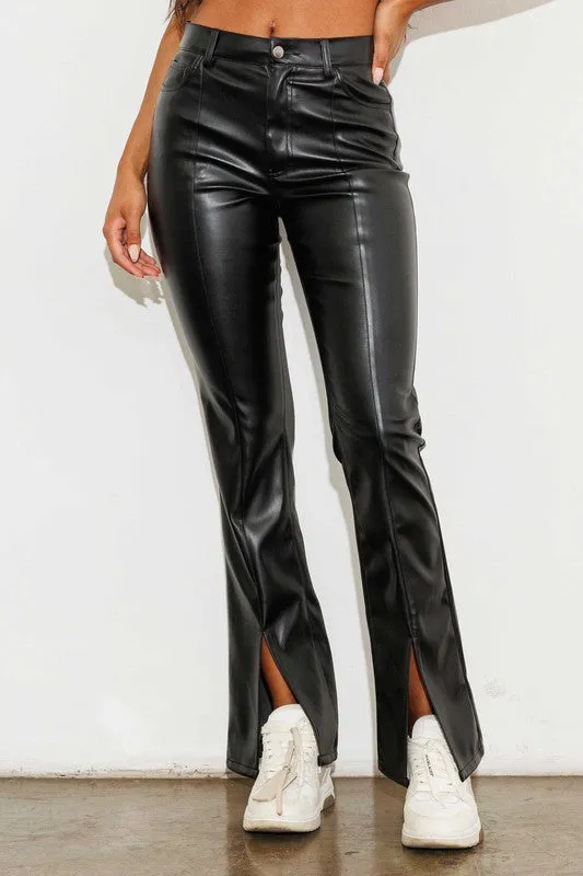 Vegan Leather Front Slit Bootcut Pants