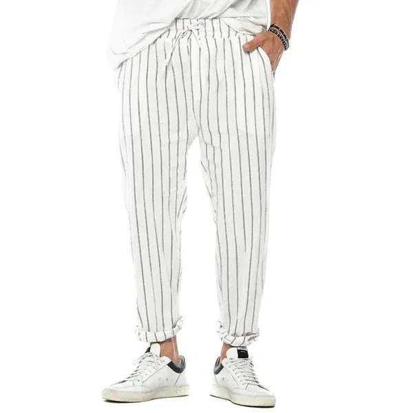 Vertical Striped Cotton And Linen Straight Loose Trendy Casual Trousers