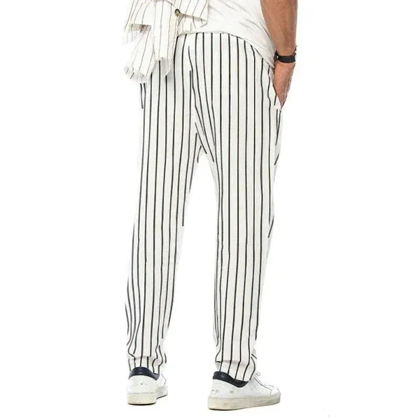 Vertical Striped Cotton And Linen Straight Loose Trendy Casual Trousers