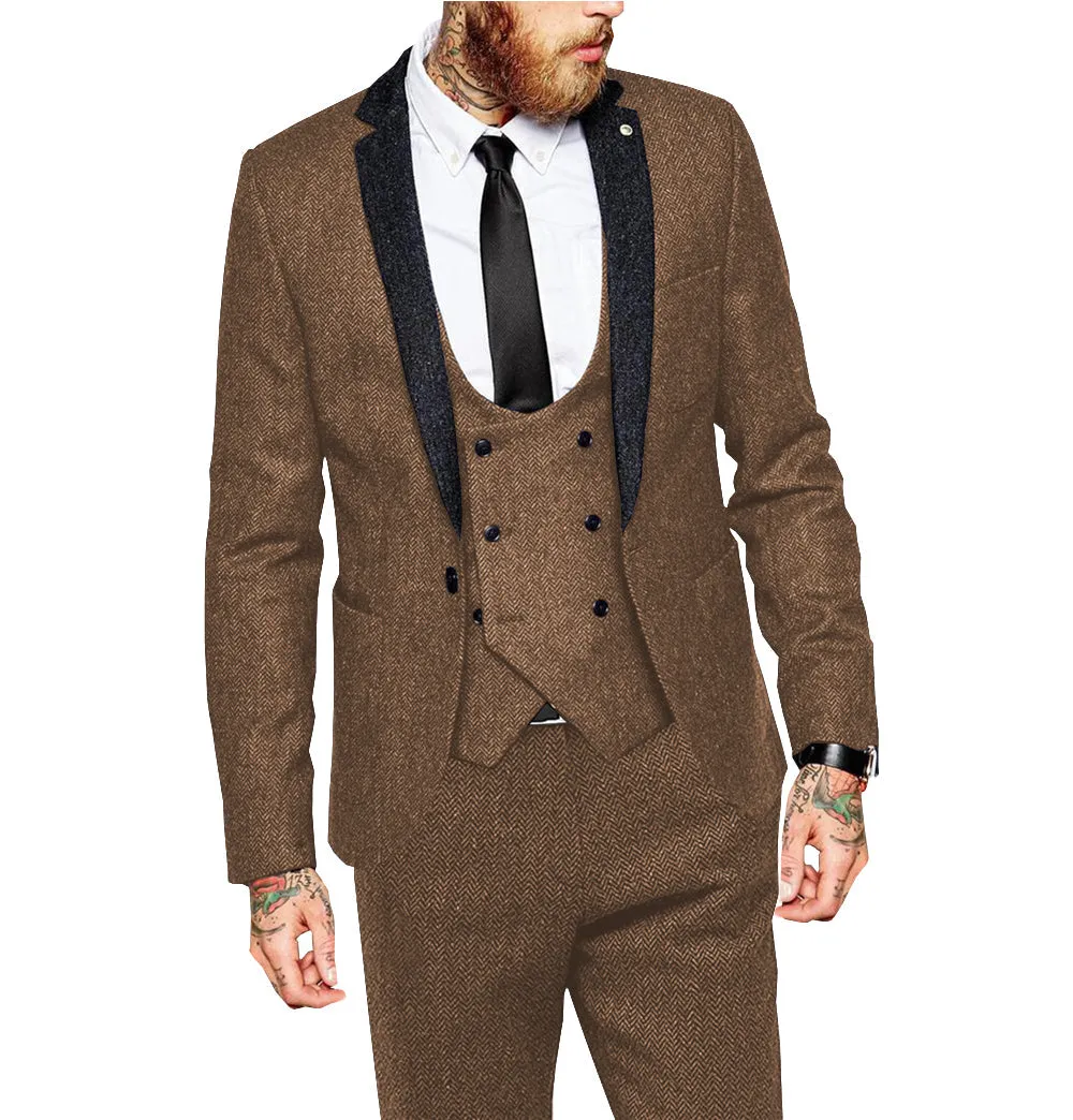 Vintage Classical 3 Piece Mens Suit Herringbone Notch Lapel Tuxedo (Blazer Vest Pants)