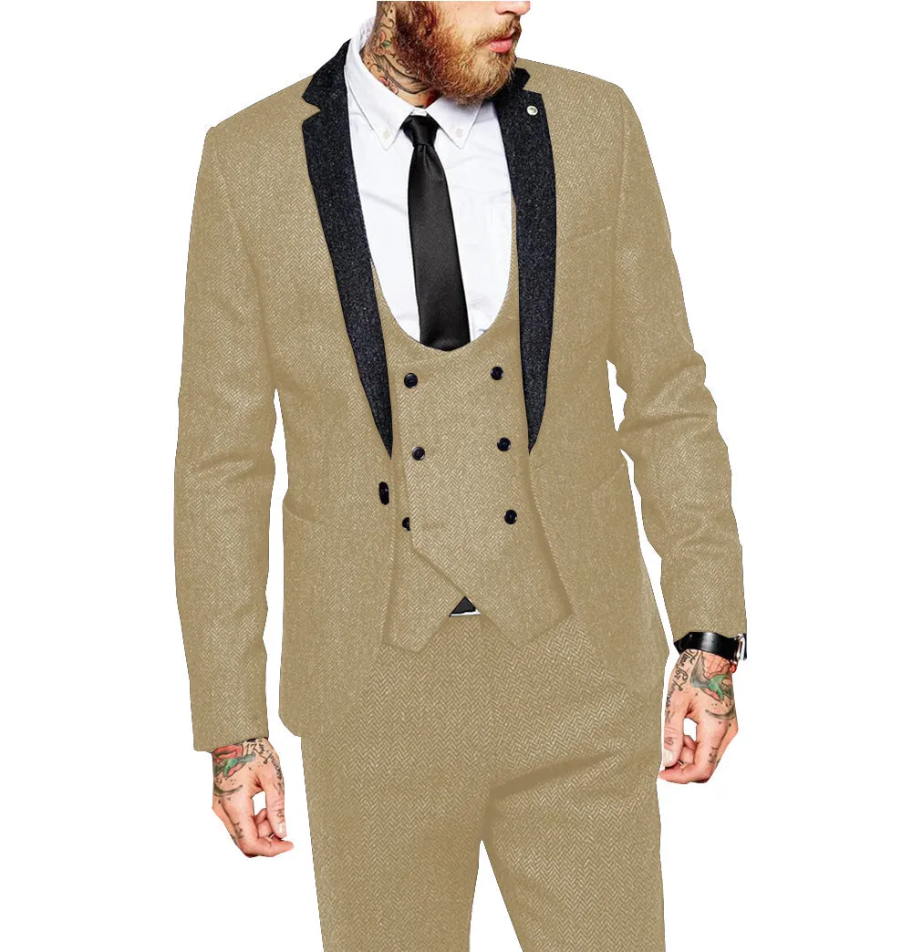 Vintage Classical 3 Piece Mens Suit Herringbone Notch Lapel Tuxedo (Blazer Vest Pants)