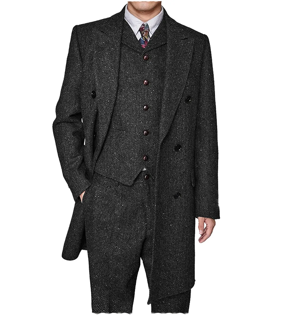 Vintage Classical 3 Pieces Mens Suit Herringbone Tweed Peak Lapel Tuxedos (Blazer vest Pants)