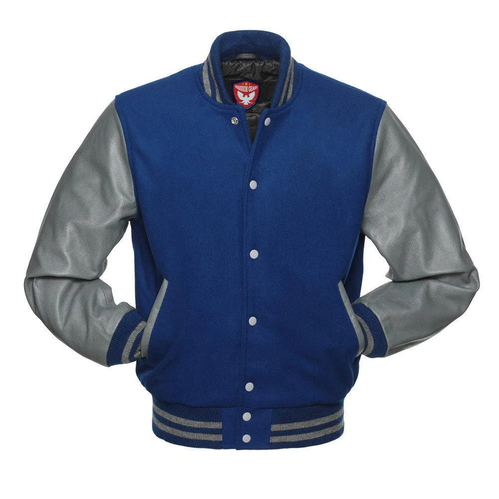 Warrior Gears Classic Hybrid Varsity Jacket for Kids, Toddler Letterman Bomber Jacket for Boys, Unisex Varsity Jacket Girls, Royal Blue Pure Wool Body & Grey Cowhide Leather Sleeves