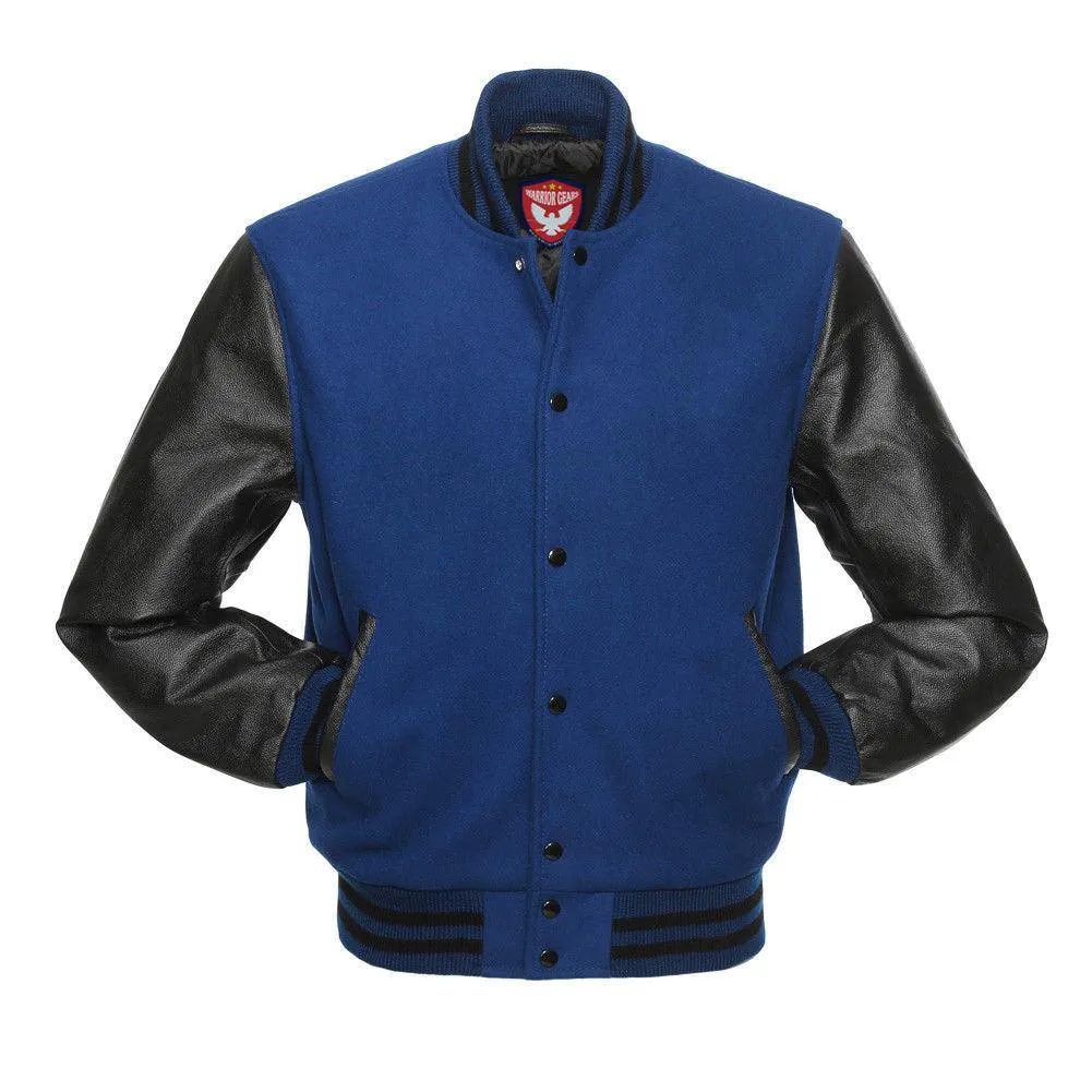 Warrior Gears Classic Hybrid Varsity Jacket University Letterman Bomber Jacket, Pure Wool & Original Cowhide Leather Jacket, Royal Blue Pure Wool Body & Black Real Leather Sleeves