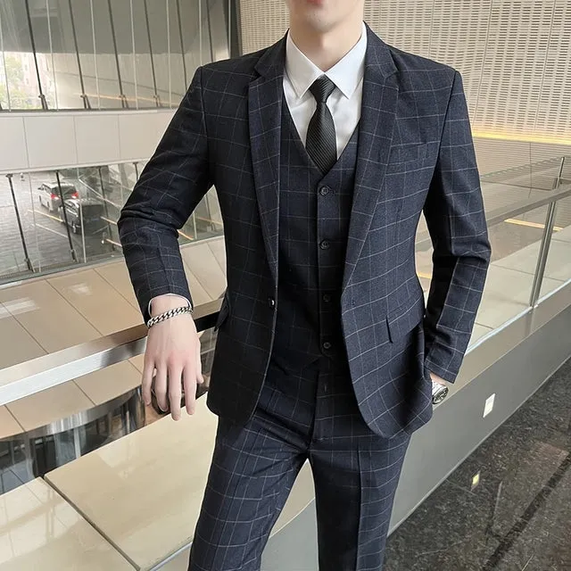 West Louis™ Business Casual Plaid High-End 3 Piece England Suit