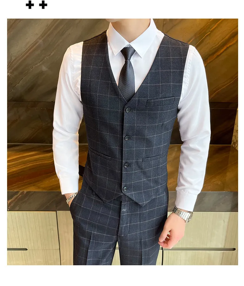 West Louis™ Business Casual Plaid High-End 3 Piece England Suit