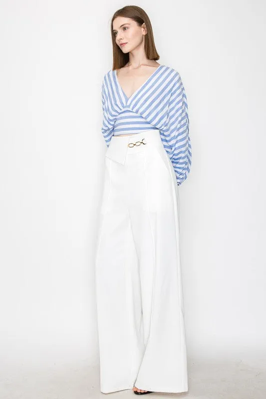 White Waist Flap Chain Detail Wide Pants