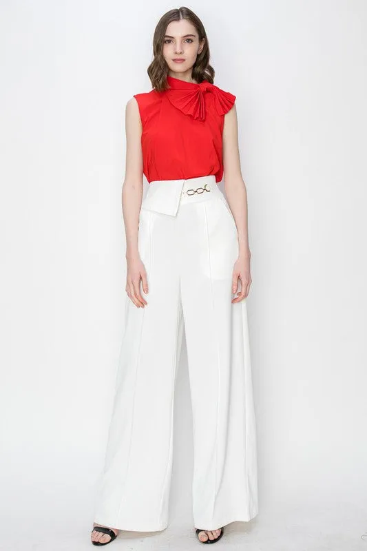 White Waist Flap Chain Detail Wide Pants