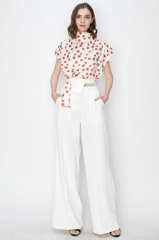 White Waist Flap Chain Detail Wide Pants