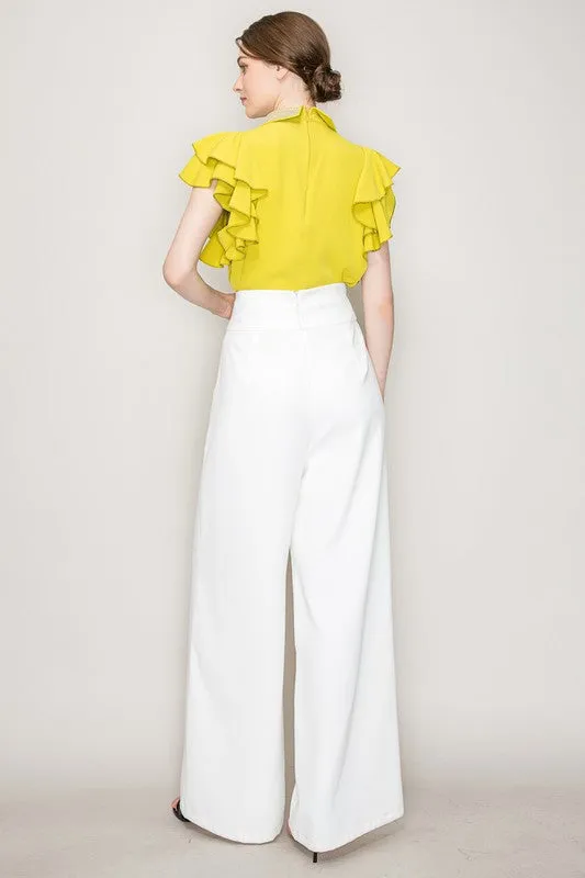 White Waist Flap Chain Detail Wide Pants