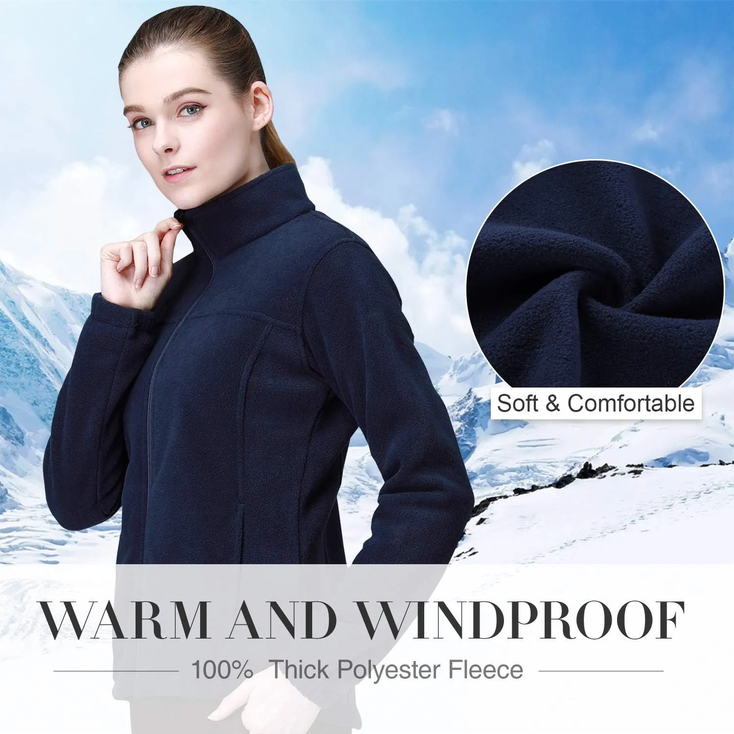 Wholesale Women's Full Zip Thermal Jackets With Pockets Soft Polar Fleece Coat - Navy