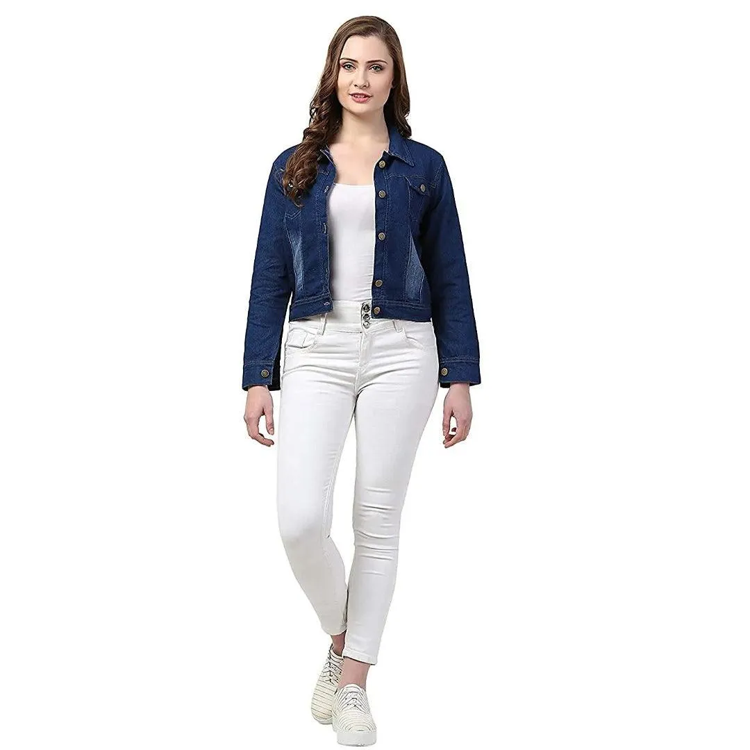 Women Solid Blue Denim Jacket B-9593#