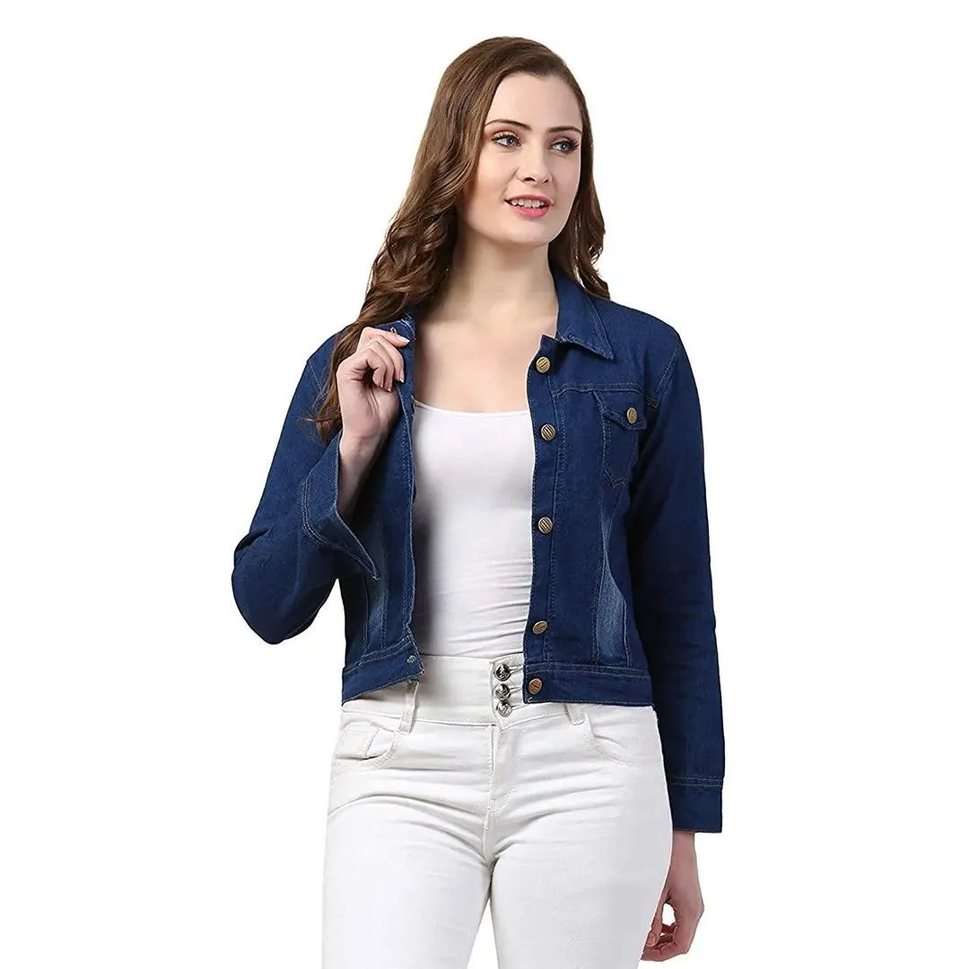 Women Solid Blue Denim Jacket B-9593#