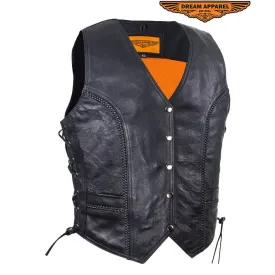 Womens Long Motorcycle Vest With Braid